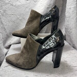 Stuart Weitzman Taupe Suede Black Croc Patent Block Heel Ankle Booties Size 8